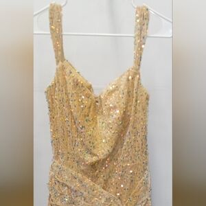 Mermaid Sequin Prom Gown w/Slit in The Rare Champagne Color